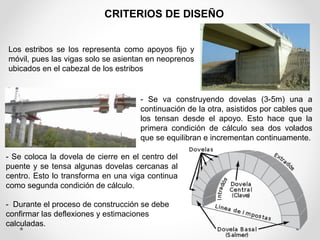CRITERIOS DE DISEÑO 
Los estribos se los representa como apoyos fijo y 
móvil, pues las vigas solo se asientan en neoprenos 
ubicados en el cabezal de los estribos 
- Se va construyendo dovelas (3-5m) una a 
continuación de la otra, asistidos por cables que 
los tensan desde el apoyo. Esto hace que la 
primera condición de cálculo sea dos volados 
que se equilibran e incrementan continuamente. 
- Se coloca la dovela de cierre en el centro del 
puente y se tensa algunas dovelas cercanas al 
centro. Esto lo transforma en una viga continua 
como segunda condición de cálculo. 
- Durante el proceso de construcción se debe 
confirmar las deflexiones y estimaciones 
calculadas. 
 
