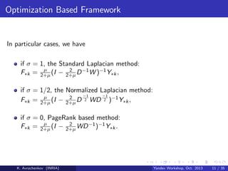 Optimization Based Framework

In particular cases, we have
if σ = 1, the Standard Laplacian method:
µ
2
F∗k = 2+µ (I − 2+µ D −1 W )−1 Y∗k ,
if σ = 1/2, the Normalized Laplacian method:
−1
−1
µ
2
F∗k = 2+µ (I − 2+µ D 2 WD 2 )−1 Y∗k ,
if σ = 0, PageRank based method:
µ
2
F∗k = 2+µ (I − 2+µ WD −1 )−1 Y∗k .

K. Avrachenkov (INRIA)

Yandex Workshop, Oct. 2013

11 / 35

 