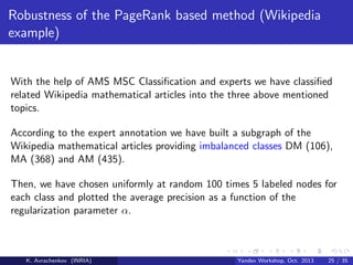 Robustness of the PageRank based method (Wikipedia
example)

With the help of AMS MSC Classiﬁcation and experts we have classiﬁed
related Wikipedia mathematical articles into the three above mentioned
topics.
According to the expert annotation we have built a subgraph of the
Wikipedia mathematical articles providing imbalanced classes DM (106),
MA (368) and AM (435).
Then, we have chosen uniformly at random 100 times 5 labeled nodes for
each class and plotted the average precision as a function of the
regularization parameter α.

K. Avrachenkov (INRIA)

Yandex Workshop, Oct. 2013

25 / 35

 