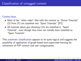 Classiﬁcation of untagged content

Curious facts:
Most of the “other video” ﬁles with the content as “Dance Tutorials”
(21 from 27) are classiﬁed into “Sport Tutorials” [ST].
All tutorials about gun shooting (13) are classiﬁed in “Sport
Tutorials”, even though they have not initially been classiﬁed as
“Sport Tutorials”.
This automatic classiﬁcation appears to be quite logical and suggests the
possibility of application of graph based semi-supervised learning for
reﬁnement of P2P content and user categorization.

K. Avrachenkov (INRIA)

Yandex Workshop, Oct. 2013

34 / 35

 