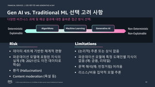 금융사를 위한 AWS GENERATIVE AI DAY
FINANCIAL SERVICES |
© 2023, Amazon Web Services, Inc. or its affiliates. All rights reserved. Amazon Confidential and Trademark. 62
Gen AI vs. Traditional ML 선택 고려 사항
Deterministic Non-Deterministic
Algorithms Generative AI
Machine Learning
Explainable Non-Explainable
다양한 비즈니스 과제 및 예상 결과에 대한 올바른 접근 방식 선택:
§ 데이터 세트에 기반한 체계적 편향
§ 파운데이션 모델에 포함된 지식의
실제 (예: 2021년도 이전 데이터로
학습)
§ 환각 (Hallucination)
§ Content moderation (욕설 등)
Risk
§ (논리적) 추론 또는 상식 없음
§ 파운데이션 모델에 특정 도메인별 지식이
없음 (예: 금융, 리테일)
§ 문맥 해석(예: 빈정거림) 어려움
§ 리소스/비용 집약적 모델 추론
Limitations
 