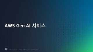 UPDATE EVENT TITLE IN SLIDE MASTER
FINANCIAL SERVICES |
© 2023, Amazon Web Services, Inc. or its affiliates. All rights reserved. Amazon Confidential and Trademark.
© 2023, Amazon Web Services, Inc. or its affiliates. All rights reserved. Amazon Confidential and Trademark.
AWS Gen AI 서비스
8
 