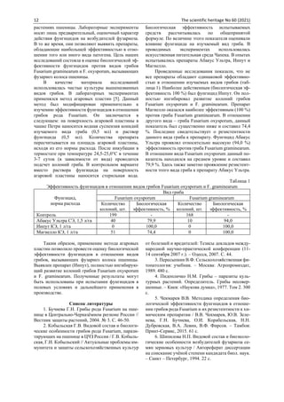 12 The scientific heritage No 60 (2021)
растениях пшеницы. Лабораторные эксперименты
носят лишь предварительный, оценочный характер
действия фунгицидов на возбудителей фузариоза.
В то же время, они позволяют выявить препараты,
обладающие наибольшей эффективностью в отно-
шении того или иного вида патогена. Цель наших
исследований состояла в оценке биологической эф-
фективности фунгицидов против видов грибов
Fusarium graminearum и F. oxysporum, вызывающих
фузариоз колоса пшеницы.
В качестве материала исследований
использовалась чистые культуры вышеназванных
видов грибов. В лабораторных экспериментах
применялся метод агаровых пластин [5]. Данный
метод был модифицирован применительно к
изучению эффективности фунгицидов в отношении
грибов рода Fusarium. Он заключается в
следующем: на поверхность агаровой пластины в
чашке Петри наносится водная суспензия конидий
изучаемого вида гриба (0,5 мл) и раствор
фунгицида (0,5 мл). Количества препарата
пересчитывается на площадь агаровой пластины,
исходя из его нормы расхода. После инкубации в
термостате при температуре 24,5-25,0°С в течение
3-7 суток (в зависимости от вида) проводится
подсчет колоний гриба. В контрольном варианте
вместо раствора фунгицида на поверхность
агаровой пластины наносится стерильная вода.
Биологическая эффективность испытываемых
средств рассчитывалась по общепринятой
формуле. По величине этого показателя оценивали
влияние фунгицида на изучаемый вид гриба. В
проводимых экспериментах использовалась
искусственная питательная среда Чапека. В опытах
испытывались препараты Абакус Ультра, Инпут и
Магнелло.
Проведенные исследования показали, что не
все препараты обладают одинаковой эффективно-
стью в отношении изучаемых видов грибов (таб-
лица 1). Наиболее действенным (биологическая эф-
фективность 100 %) был фунгицид Инпут. Он пол-
ностью ингибировал развитие колоний грибов
Fusarium oxysporum и F. graminearum. Препарат
Магнелло оказался наиболее эффективным (100 %)
против гриба Fusarium graminearum. В отношении
другого вида – гриба Fusarium oxysporum, данный
показатель был существенно ниже и составил 74,4
%. Последнее свидетельствует о резистентности
данного вида гриба к препарату. Фунгицид Абакус
Ультра проявлял относительно высокую (94,0 %)
эффективность против гриба Fusarium graminearum.
В отношении вида Fusarium oxysporum данный по-
казатель находился на среднем уровне и составил
79,9 %. Здесь также заметно проявление резистент-
ности этого вида гриба к препарату Абакус Ультра.
Таблица 1
Эффективность фунгицидов в отношении видов грибов Fusarium oxysporum и F. graminearum
Фунгицид,
норма расхода
Вид гриба
Fusarium oxysporum Fusarium graminearum
Количество
колоний, шт.
Биологическая
эффективность, %
Количество
колоний, шт.
Биологическая
эффективность, %
Контроль 199 - 168 -
Абакус Ультра СЭ, 1,5 л/га 40 79,9 10 94,0
Инпут КЭ, 1 л/га 0 100,0 0 100,0
Магнелло КЭ, 1 л/га 51 74,4 0 100,0
Таким образом, применение метода агаровых
пластин позволило провести оценку биологической
эффективности фунгицидов в отношении видов
грибов, вызывающих фузариоз колоса пшеницы.
Выявлен препарат (Инпут), полностью ингибирую-
щий развитие колоний грибов Fusarium oxysporum
и F. graminearum. Полученные результаты могут
быть использованы при испытании фунгицидов в
полевых условиях и дальнейшего применения в
производстве.
Список литературы
1. Бучнева Г.Н. Грибы рода Fusarium на пше-
нице в Центрально-Черназёмном регионе России //
Вестник защиты растений, 2004. № 3. С. 46-50.
2. Кобыльская Г.В. Видовой состав и биологи-
ческие особенности грибов рода Fusarium, парази-
тирующих на пшенице в ЦЧЗ России / Г.В. Кобыль-
ская, Г.И. Кобыльский // Актуальные проблемы им-
мунитета и защиты сельскохозяйственных культур
от болезней и вредителей: Тезисы докладов между-
народной научно-практической конференции (11-
14 сентября 2007 г.). – Одесса, 2007. С. 44.
3. Пересыпкин В.Ф. Сельскохозяйственная фи-
топатология: учебник. – Москва: Агропромиздат,
1989. 480 с.
4. Пидопличко Н.М. Грибы – паразиты куль-
турных растений. Определитель. Грибы несовер-
шенные. – Киев: «Наукова думка», 1977. Том 2. 300
с.
5. Чекмарев В.В. Методика определения био-
логической эффективности фунгицидов в отноше-
нии грибов рода Fusarium и их резистентности к хи-
мическим препаратам / В.В. Чекмарев, Ю.В. Зеле-
нева, Г.Н. Бучнева, О.И. Корабельская, Н.Н.
Дубровская, В.А. Левин, В.Ф. Фирсов. – Тамбов:
Принт-Сервис, 2015. 61 с.
6. Шипилова Н.П. Видовой состав и биоэколо-
гические особенности возбудителей фузариоза се-
мян зерновых культур / Автореферат диссертации
на соискание учёной степени кандидата биол. наук.
– Санкт – Петербург, 1994. 22 с.
 