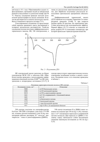 14 The scientific heritage No 60 (2021)
ной воды и 10 г льда. Образовавшийся осадок от-
фильтровывают, промывают водой до нейтральной
реакции и высушивают в сушильном шкафу при 50
С. Очистку соединения проводят методом коло-
ночной хроматографии на оксиде алюминия. В ка-
честве растворителя и елюента используют ацетон.
Выход очищенного продукта составил 75 %.
Синтезированное соединение (I) представляет
собой порошок оранжевого цвета, растворимый в
полярных органических растворителях. Свойства
соединения изучены методами дифференциального
термического анализа, ИК, УФ спектроскопии, а
также по результатам квантовохимических расче-
тов. Для обработки полученных результатов ис-
пользовано оригинальное программное обеспече-
ние.
Дифференциальный термический анализ
(ДТА) проведен на установке Термоскан-2 в темпе-
ратурном диапазоне 25-600 С при скорости
нагрева пробы 20 град/мин. На термограмме (рис.
2) явно выделяются два эндотермических эффекта.
Первый эффект (76 С) отвечает за плавление об-
разца, второй (339 С) показывает температуру, при
которой происходит термодеструкция вещества.
Рис. 2 – Результаты ДТА
ИК спектральный анализ выполнен на Фурье
спектрометре ФСМ 1201 в таблетках KBr. Обра-
ботка спектра проведена с использованием инфор-
мационно-поисковой системы ZAIRTM
по ИК спек-
троскопии и литературных источников [15-17]. В
спектре присутствуют характеристические полосы,
отвечающие колебаниям атомов и связей в моле-
куле. Положение полос и их отнесение приведены
в таблице 1.
Таблица 1
Основные характеристические полосы в ИК спектре
Положение полос, см-1
Отнесение
3088 st СН бензольных колец
2908 st СН метильной группы
2819 st СН в диметиламино-группе
1661 st C=O, сопряженной с этиленовой связью
1601 st С=С
1482 st бензольного кольца
1373  метильной группы
1232  трет-бутильной группы
813 oop  СН в 1,4-замещенном бензоле
УФ спектры получены на спектрофотометре
EcoView УФ-3200 в интервале длин волн 275-500
нм, толщина светопоглощающего слоя 10 мм, кон-
центрация рабочих растворов 10–5
моль/дм3
, рас-
творители – этанол и диметилформамид (ДМФА).
УФ спектр соединения (I) в ДМФА имеет ос-
новное поглощение при 338 нм (lg  5,38), отвечаю-
щее →* электронным переходам в сопряженной
системе молекулы. При переходе от ДМФА к эти-
ловому спирту наблюдается слабое батохромное
смещение максимума поглощения до 342 нм (lg 
5,33).
 