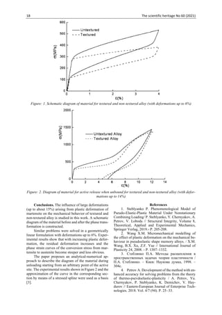 18 The scientific heritage No 60 (2021)
Figure: 1. Schematic diagram of material for textured and non-textured alloy (with deformations up to 6%)
Figure: 2. Diagram of material for active release when unbound for textured and non-textured alloy (with defor-
mations up to 14%)
Conclusions. The influence of large deformations
(up to about 15%) arising from plastic deformation of
martensite on the mechanical behavior of textured and
non-textured alloy is studied in this work. A schematic
diagram of the material before and after the phase trans-
formation is constructed.
Similar problems were solved in a geometrically
linear formulation with deformations up to 6%. Exper-
imental results show that with increasing plastic defor-
mation, the residual deformation increases and the
phase strain curves of the conversion stress from mar-
tensite to austenite become steeper and less obvious.
The paper proposes an analytical-numerical ap-
proach to describe the diagram of the material during
unloading starting from an arbitrary point of the active
site. The experimental results shown in Figure 2 and the
approximation of the curve in the corresponding sec-
tion by means of a stressed spline were used as a basis
[3].
References
1. Steblyаnko P. Phenomenological Model of
Pseudo-Elastic-Plastic Material Under Nonstationary
Combining Loading/ P. Steblyanko, Y. Chernyakov, A.
Petrov, V. Loboda // Structural Integrity, Volume 8,
Theoretical, Applied and Experimental Mechanics,
Springer Verlag, 2019.- P. 205-208.
2. Wang X.M. Micromеchanical modelling of
the effect of plastic deformation on the mechanical be-
haviour in pseudoelastic shape memory alloys. / X.M.
Wang, B.X. Xu, Z.F. Yue // International Journal of
Plasticity 24, 2008. - P. 1307–1332.
3. Стеблянко П.А. Мeтоды расщепления в
пространственных задачах теории пластичности /
П.А. Стeблянко. – Киев: Наукова думка, 1998. –
304с.
4. Petrov A. Development of the method with en-
hanced accuracy for solving problems from the theory
of thermo-psevdoelastic-plasticity / А. Petrov, Yu.
Chernyakov, P. Steblyanko, K. Demichev, V. Hay-
durov // Eastern-European Journal of Enterprise Tech-
nologies. 2018. Vol. 4/7 (94). P. 25–33.
 