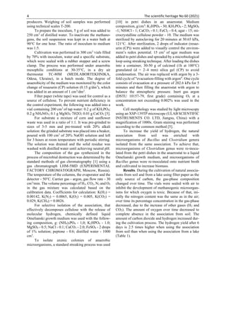 4 The scientific heritage No 60 (2021)
producers. Weighing of soil samples was performed
using technical scales T-200.
To prepare the inoculum, 5 g of soil was added to
250 cm3
of distilled water. To inactivate the methano-
gens, the soil suspension was kept in a water bath at
90°C for one hour. The ratio of inoculum to medium
was 1:5.
Cultivation was performed in 300 cm3
vials filled
by 70% with inoculum, water and a specific substrate,
which were sealed with a rubber stopper and a screw
clamp. The process was performed under anaerobic
mesophilic conditions at 30-35°C, in a dry air
thermostat TC-80M (MEDLABORTEKHNIKA,
Odesa, Ukraine), in a batch mode. The degree of
anaerobicity of the medium was monitored by the color
change of resazurin (CP) solution (0.15 g/dm3
), which
was added in an amount of 1 cm3
/dm3
.
Filter paper (white tape) was used for control as a
source of cellulose. To prevent nutrient deficiency in
the control experiment, the following was added into a
vial containing 200 cm3
of tap water: 0.2 g of KH2PO4;
0.2 g NH4NO3; 0.1 g MgSO4·7H2O; 0.01 g CaCO3 [5].
For substrate a mixture of corn and sunflower
waste was used in a ratio of 1:1. It was pre-grinded to
sizes of 3-5 mm and pre-treated with 20% alkali
solution: the grinded substrate was placed into a beaker,
poured with 100 cm3
of 20% NaOH solution and left
for 3 hours at room temperature with periodic stirring.
The solution was drained and the solid residue was
washed with distilled water until achieving neutral pH.
The composition of the gas synthesized in the
process of microbial destruction was determined by the
standard methods of gas chromatography [1] using a
gas chromatograph LHM-5MD (EXPERIMENTAL
FACTORY CHROMATOGRAPH, Moscow, Russia).
The temperature of the columns, the evaporator and the
detector - 50°C. Carrier gas - argon, gas flow rate - 30
cm3
/min. The volume percentage of H2, CO2, N2 and O2
in the gas mixture was calculated based on the
calibration data. Coefficients for calculation: K(H2) =
0.00142, K(N2) = 0.0065, K(O2) = 0.005, K(CO2) =
0.029, K(CH4) = 0.0026.
For selective isolation of the association, that
effectively decomposes cellulose with the release of
molecular hydrogen, chemically defined liquid
Omelianski growth medium was used with the follow-
ing composition, g: (NH4)3PO4 - 1,0; K2HPO4 - 1.0;
MgSO4 - 0.5; NaCl - 0.1; CaCO3 - 2.0; FeSO4 - 2 drops
of 1% solution; peptone - 0.6; distilled water - 1000
cm3
.
To isolate axenic colonies of anaerobic
microorganisms, a standard streaking process was used
[10] in petri dishes in an anaerostat. Medium
composition, g/cm3
: K2HPO4 - 30; KH2PO4 - 2; MgSO4
-1; NH4Cl - 1; CaCO3 - 0.1; FeCl2 - 0.4; agar - 15; mi-
crocrystalline cellulose powder - 10. The medium was
sterilized by autoclaving for 20 minutes at 50.65 kPa,
121°C. After sterilization, 2 drops of indicator (resaz-
urin (CP)) were added to visually control the environ-
ment’s redox potential. 15 cm3
of agar medium was
added to petri dishes and spreaded by a microbiological
loop using streaking technique. After loading the dishes
into a container, 30-50 g of calcined (1h at 100°C)
granulated (d = 2–4 mm) silica gel (CP) to avoid
condensation. The air was replaced with argon by a 3-
fold cycle of "evacuation-filling with argon". One cycle
consists of evacuation at a pressure of 202.6 kPa for 5
minutes and then filling the anaerostat with argon to
balance the atmospheric pressure. Inert gas argon
(DSTU 10157-79, first grade) containing O2 at a
concentration not exceeding 0.002% was used in the
work.
Cell morphology was studied by light microscopy
using an XSP-139TP microscope (ULAB SCIENTIFIC
INSTRUMENTS CO. LTD, Jiangsu, China) with a
magnification of 1000x. Gram staining was performed
according to the common method [5].
To increase the yield of hydrogen, the natural
association from soil was enriched with
microorganisms of Bacillus and Clostridium genera
isolated from the same association. To achieve that,
microorganisms of Clostridium genus were re-inocu-
lated from the petri dishes in the anaerostat to a liquid
Omelianski growth medium, and microorganisms of
Bacillus genus were re-inoculated onto nutrient broth
and cultivated to increase biomass.
Results. During the cultivation of natural associa-
tions from soil and from a lake using filter paper as the
only source of carbon, the gas-phase composition
changed over time. The vials were sealed with air to
inhibit the development of methanogenic microorgan-
isms for which oxygen is toxic. Because of that, ini-
tially the nitrogen content was the same as in the air;
over time its percentage concentration in the gas-phase
decreased, due to the increase of other gases (H2 and
CO2). The amount of oxygen over time decreased to
complete absence in the association from soil. The
amount of carbon dioxide and hydrogen increased dur-
ing the cultivation process. The hydrogen yield after 6
days is 2.5 times higher when using the association
from soil than when using the association from a lake
(Table 1).
 