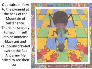 Quetzalcoatl flew
to the pyramid at
the peak of the
Mountain of
Sustenance.
There, he secretly
turned himself
into an immense
black ant and
cautiously crawled
over to the Red
Ant army. He
asked to see their
corn.
 