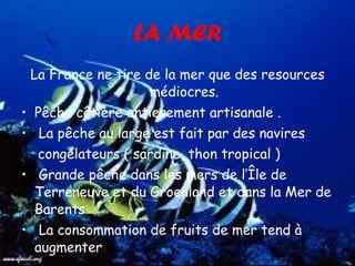 LA MER La France ne tire de la mer que des resources médiocres. P êche côtière entierement artisanale . La pêche au large est fait par des navires  congélateurs ( sardine, thon tropical )  Grande pêche dans les mers de l’Île de  Terreneuve et du Groenland et dans la Mer de Barents La consommation de fruits de mer tend à augmenter 