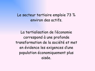 Le secteur tertiaire emploie 73 % environ des actifs. La tertialisation de l’économie correspond à une profonde transformation de la société et met en évidence les exigences d’une population économiquement plus aisée. 