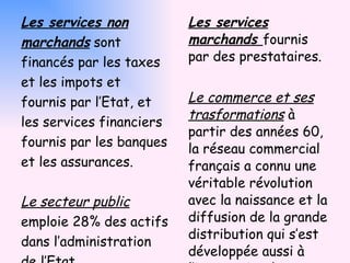 Les services non marchands  sont financés par les taxes et les impots et fournis par l’Etat, et les services financiers fournis par les banques et les assurances. Le secteur public  emploie 28% des actifs dans l’administration de l’Etat.  Les services marchands  fournis par des prestataires. Le commerce et ses trasformations  à partir des années 60, la réseau commercial français a connu une véritable révolution avec la naissance et la diffusion de la grande distribution qui s’est développée aussi à l’international. 