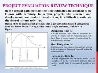 PROJECT EVALUATION REVIEW TECHNIQUE
In the critical path method, the time estimates are assumed to be
known with certainty. In certain projects like research and
development, new product introductions, it is difficult to estimate
the time of various activities.
Hence PERT is used in such projects with a probabilistic method using three
time estimates for an activity, rather than a single estimate, as shown in
Figure
Optimistic time tO:
It is the shortest time taken to complete the
activity. It means that if everything goes well
then there is more chance of completing the
activity within this time.
Most likely time tm:
It is the normal time taken to complete an activity,
if the activity were frequently repeated under the
same conditions.
Pessimistic time tp:
It is the longest time that an activity would take to
complete. It is the worst time estimate that an
activity would take if unexpected problems are
faced.
 