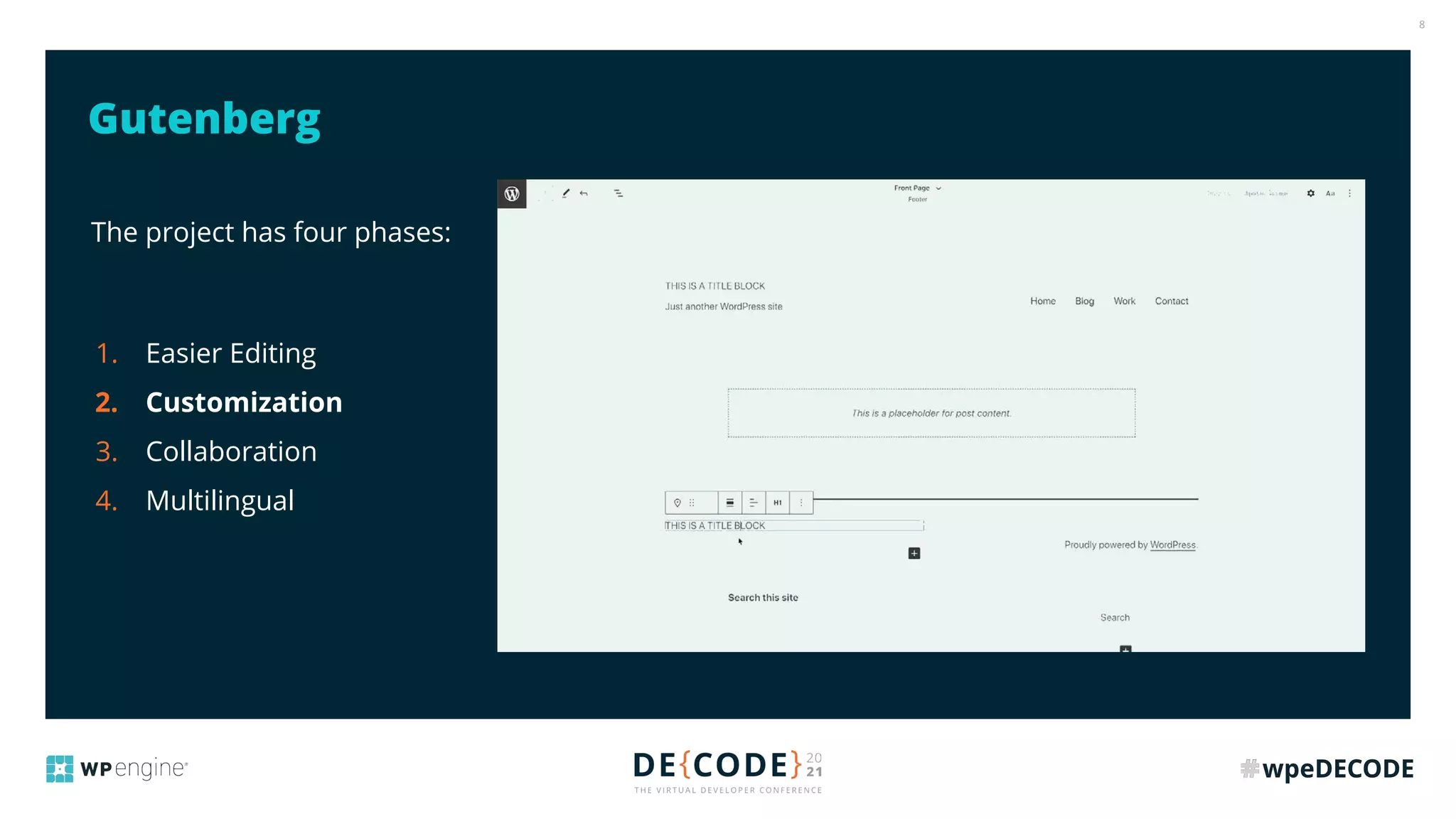 8
The project has four phases:
1. Easier Editing
2. Customization
3. Collaboration
4. Multilingual
Gutenberg
 