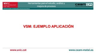 www.uvic.cat www.ceam-metal.es
Herramientas para el estudio, análisis y
mejora de procesos
MÁSTERENDISEÑOY OPTIMIZACIÓNDE PROCESOSINDUSTRIALES
VSM: EJEMPLO APLICACIÓN
 