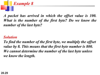 20.29
A packet has arrived in which the offset value is 100.
What is the number of the first byte? Do we know the
number of the last byte?
Solution
To find the number of the first byte, we multiply the offset
value by 8. This means that the first byte number is 800.
We cannot determine the number of the last byte unless
we know the length.
Example 8
 