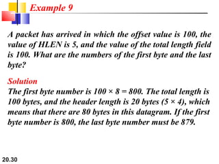 20.30
A packet has arrived in which the offset value is 100, the
value of HLEN is 5, and the value of the total length field
is 100. What are the numbers of the first byte and the last
byte?
Solution
The first byte number is 100 × 8 = 800. The total length is
100 bytes, and the header length is 20 bytes (5 × 4), which
means that there are 80 bytes in this datagram. If the first
byte number is 800, the last byte number must be 879.
Example 9
 