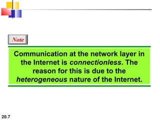 20.7
Communication at the network layer in
the Internet is connectionless. The
reason for this is due to the
heterogeneous nature of the Internet.
Note
 