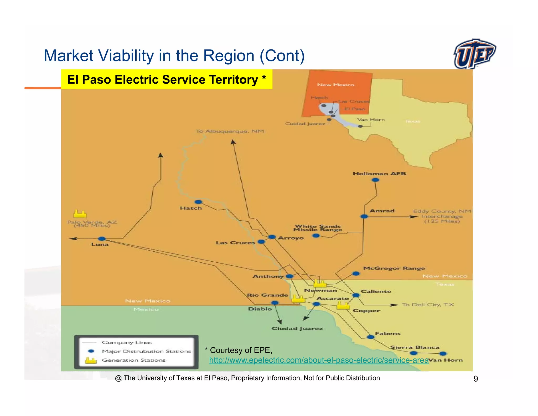 Market Viability in the Region (Cont)
   El P
      Paso El t i Service Territory *
           Electric S i T it




                                         * Courtesy of EPE,
                                           http://www.epelectric.com/about-el-paso-electric/service-area

           @ The University of Texas at El Paso, Proprietary Information, Not for Public Distribution      9
 