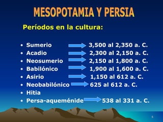 Períodos en la cultura: Sumerio  3,500 al 2,350 a. C. Acadio  2,300 al 2,150 a. C. Neosumerio  2,150 al 1,800 a. C. Babilónico  1,900 al 1,600 a. C. Asirio  1,150 al 612 a. C. Neobabilónico  625 al 612 a. C. Hitia  Persa-aqueménide  538 al 331 a. C. MESOPOTAMIA Y PERSIA 