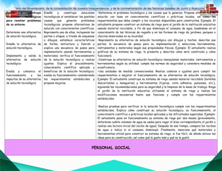 “Año del Bicentenario, de la consolidación de nuestra Independencia, y de la conmemoración de las heroicas batallas de Junín y Ayacucho””
Diseña y construye
soluciones tecnológicas
para resolver problemas
de su entorno.
Determina una alternativa
de solución tecnológica.
Diseña la alternativa de
solución tecnológica.
Implementa y valida la
alternativa de solución
tecnológica
Evalúa y comunica el
funcionamiento y los
impactos de su alternativa
de solución tecnológica
Diseña y construye soluciones
tecnológicas al establecer las posibles
causas que generan problemas
tecnológicos; propone alternativas de
solución con conocimientos científicos.
Representa una de ellas, incluyendo las
partes o etapas, a través de esquemas
o dibujos; establece características
de forma, estructura y función y
explica una secuencia de pasos para
implementarla usando herramientas y
materiales; verifica el funcionamiento
de la solución tecnológica y realiza
ajustes. Explica el procedimiento,
conocimiento científico aplicado y
beneficios de la solución tecnológica;
evalúa su funcionamiento considerando
los requerimientos establecidos y
propone mejoras.
•Determina el problema tecnológico y las causas que lo generan. Propone alternativas de
solución con base en conocimientos científicos o prácticas locales, así como los
requerimientos que debe cumplir y los recursos disponibles para construirlas. Ejemplo: El
estudiante propone construir un sistema de riego para el jardín de la institución educativa
usando material reciclable, a fin de que disminuya el consumo de agua, basándose en el
conocimiento de las técnicas de regadío y en las formas de riego de jardines, parques o
chacras observadas en su localidad.
•Representa su alternativa de solución tecnológica con dibujos y textos; describe sus
partes, la secuencia de pasos para su implementación y selecciona herramientas,
instrumentos y materiales según sus propiedades físicas. Ejemplo: El estudiante realiza
gráficos de su sistema de riego, lo presenta y describe cómo será construido y cómo
funcionará.
•Construye su alternativa de solución tecnológica manipulando materiales, instrumentos y
herramientas según su utilidad; cumple las normas de seguridad y considera medidas de
ecoeficiencia.
•Usa unidades de medida convencionales. Realiza cambios o ajustes para cumplir los
requerimientos o mejorar el funcionamiento de su alternativa de solución tecnológica.
Ejemplo: El estudiante construye su sistema de riego usando material reciclable (botellas
descartables y mangueras) y herramientas (tijeras, cinta adhesiva, punzones, etc.),
siguiendo las recomendaciones para su seguridad y la limpieza de la mesa de trabajo. Riega
el jardín de la institución educativa utilizando el sistema de riego y realiza las
modificaciones necesarias hasta que funcione y cumpla con los requerimientos
establecidos.
•Realiza pruebas para verificar si la solución tecnológica cumple con los requerimientos
establecidos. Explica cómo construyó su solución tecnológica, su funcionamiento, el
conocimiento científico o prácticas locales aplicadas y las dificultades superadas. Ejemplo:
El estudiante pone en funcionamiento su sistema de riego por dos meses (previamente,
determina cuánto volumen de agua se usaba para regar el área correspondiente al jardín y
realiza una lectura inicial del recibo de agua). Después de ese tiempo, compara los recibos
de agua e indica si el consumo disminuyó. Finalmente, menciona qué materiales y
herramientas utilizó para construir su sistema de riego, si fue fácil, de dónde obtuvo las
ideas para su construcción, así como qué le gusto más y qué no le gustó.
PERSONAL SOCIAL
 