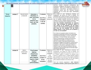 “Año del Bicentenario, de la consolidación de nuestra Independencia, y de la conmemoración de las heroicas batallas de Junín y Ayacucho””
escritura, resolver situaciones problemáticas que
promuevan la indagación, participación y reflexión de los
estudiantes dentro de un enfoque de búsqueda de la
excelencia e intercultural, que ayuden a mejorar su
rendimiento escolar; para ello realizarán acciones
necesarias que les sirvan para lograr aprendizajes
significativos.
Tercer
bimestre
Unidad 7 Descubrimiento
e innovación
Conocemos y
difundimos el
valor nutricional
de los
alimentos para
tener una vida
saludable.
4 semanas
Del 25 de
setiembre
al 20 de
octubre
Elabora su
plan de
acción y
prevención
En la II.EE N°: 6071 “REPÚBLICA FEDERAL DE
ALEMANIA” del Distrito de Villa El Salvador, los
estudiantes del 3° grado de Primaria, de las secciones: A,
B, C, D y E; muestran un bajo nivel nutricional, observando
que no consumen alimentos nutritivos, no valoran el
consumo de frutas, consumen alimentos chatarras, lo que
trae como consecuencia tener problemas en su salud.
Ante esta necesidad presentaremos los siguientes
retos. ¿Qué actividades nos permitirán conocer el
valor nutritivo de los alimentos? ¿De qué manera
conocer el valor nutritivo de los alimentos los ayudará
para tener una vida saludable? ¿De qué manera
podemos difundir el valor nutritivo de los alimentos y
así tener una vida saludable?
Por lo tanto en la presente unidad se brindará a los
estudiantes la posibilidad de movilizar sus capacidades
fomentando las estrategias y el uso de técnicas de
aprendizaje en forma cotidiana para que puedan
mejorar sus aprendizajes; asimismo movilizarán sus
capacidades relacionadas a la oralidad, lectura y
escritura, resolver situaciones problemáticas que
promuevan la indagación, participación y reflexión de los
estudiantes dentro de un enfoque de búsqueda de la
excelencia e intercultural, que ayuden a conocer y
difundir el valor nutricional de los alimentos, para ello
realizarán acciones necesarias que les sirvan para lograr
aprendizajes significativos.
Unidad 8 Salud y
conservación
ambiental
Practicamos
hábitos
alimenticios
saludables
para mejorar
nuestra salud
integral
(enfermedades)
5 semanas
Del 23 de
octubre al
24 de
noviembre
Elabora un
álbum de
propuesta
s de
acciones
para llevar
una vida
saludable
En la II.EE N°: 6071 “REPÚBLICA FEDERAL DE
ALEMANIA” del Distrito de Villa El Salvador, los
estudiantes del 3° grado de las secciones “A, B, C, D y E”
de Primaria tienden al consumo de alimentos poco
nutritivos y prefieren llevar o comprar alimentos chatarra
para consumirlos en su hora de recreo, algunos estudiantes
botan las frutas al tacho de basura. Por otro lado, algunos
niños evidencian cansancio en las horas de clase.
Ante esta situación preguntamos: ¿Qué alimentos
necesitamos consumir? ¿Todo lo que nos gusta comer es
 