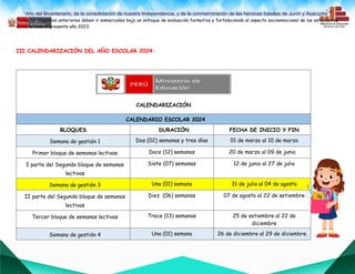 “Año del Bicentenario, de la consolidación de nuestra Independencia, y de la conmemoración de las heroicas batallas de Junín y Ayacucho””
Todos los objetivos anteriores deben ir enmarcados bajo un enfoque de evaluación formativa y fortaleciendo el aspecto socioemocional de los estudiantes
durante todo el presente año 2023.
III.CALENDARIZACIÓN DEL AÑO ESCOLAR 2024:
CALENDARIZACIÓN
CALENDARIO ESCOLAR 2024
BLOQUES DURACIÓN FECHA DE INICIO Y FIN
Semana de gestión 1 Dos (02) semanas y tres días 01 de marzo al 10 de marzo
Primer bloque de semanas lectivas Doce (12) semanas 20 de marzo al 09 de junio
I parte del Segundo bloque de semanas
lectivas
Siete (07) semanas 12 de junio al 27 de julio
Semana de gestión 3 Una (01) semana 31 de julio al 04 de agosto
II parte del Segundo bloque de semanas
lectivas
Diez (06) semanas 07 de agosto al 22 de setiembre
Tercer bloque de semanas lectivas Trece (13) semanas 25 de setiembre al 22 de
diciembre
Semana de gestión 4 Una (01) semana 26 de diciembre al 29 de diciembre.
 