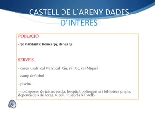 CASTELL DE L´ARENY DADES
               D’INTERÈS
POBLACIÓ
- 70 habitants: homes 39, dones 31



SERVEIS
- cases rurals: cal Marc, cal Xiu, cal Xic, cal Miquel

- camp de futbol

- piscina

- no disposen de teatre, escola, hospital, poliesportiu i biblioteca propis,
depenen dels de Berga, Ripoll, Puicerdà o Torellò .
 
