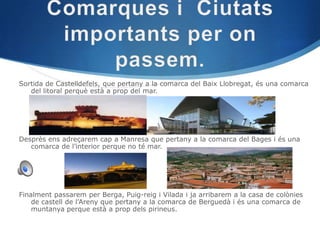 Sortida de Castelldefels, que pertany a la comarca del Baix Llobregat, és una comarca
   del litoral perquè està a prop del mar.




Desprès ens adreçarem cap a Manresa que pertany a la comarca del Bages i és una
   comarca de l’interior perque no té mar.




Finalment passarem per Berga, Puig-reig i Vilada i ja arribarem a la casa de colònies
    de castell de l’Areny que pertany a la comarca de Berguedà i és una comarca de
    muntanya perque està a prop dels pirineus.
 