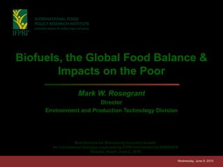 Biofuels, the Global Food Balance & Impacts on the Poor Mark W. Rosegrant Director Environment and Production Technology Division Wednesday, June 9, 2010 Bold Actions for Stimulating Inclusive Growth   An international dialogue organized by IFPRI and hosted by EMBRAPA   Brasilia, Brazil, June 2, 2010 