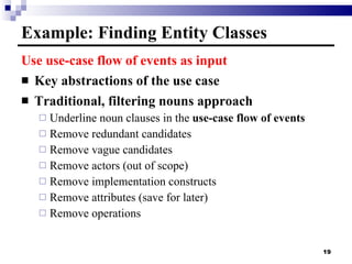 Example: Finding Entity Classes Use use-case flow of events as input Key abstractions of the use case Traditional, filtering nouns approach Underline noun clauses in the  use-case flow of events Remove redundant candidates Remove vague candidates Remove actors (out of scope) Remove implementation constructs Remove attributes (save for later) Remove operations 