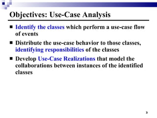 Objectives: Use-Case Analysis Identify the classes  which perform a use-case flow of events Distribute the use-case behavior to those classes,  identifying responsibilities  of the classes Develop  Use-Case Realizations  that model the collaborations between instances of the identified classes 