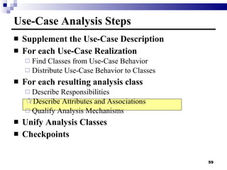 Supplement the Use-Case Description For each Use-Case Realization Find Classes from Use-Case Behavior Distribute Use-Case Behavior to Classes For each resulting analysis class Describe Responsibilities Describe Attributes and Associations Qualify Analysis Mechanisms Unify Analysis Classes Checkpoints Use-Case Analysis Steps 