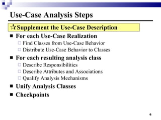 Use-Case Analysis Steps Supplement the Use-Case Description For each Use-Case Realization Find Classes from Use-Case Behavior Distribute Use-Case Behavior to Classes For each resulting analysis class Describe Responsibilities Describe Attributes and Associations Qualify Analysis Mechanisms Unify Analysis Classes Checkpoints 