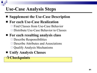 Use-Case Analysis Steps Supplement the Use-Case Description For each Use-Case Realization Find Classes from Use-Case Behavior Distribute Use-Case Behavior to Classes For each resulting analysis class Describe Responsibilities Describe Attributes and Associations Qualify Analysis Mechanisms Unify Analysis Classes Checkpoints 