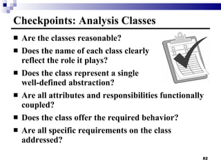 Are the classes reasonable? Does the name of each class clearly reflect the role it plays? Does the class represent a single  well-defined abstraction? Are all attributes and responsibilities functionally coupled? Does the class offer the required behavior? Are all specific requirements on the class addressed? Checkpoints: Analysis Classes 