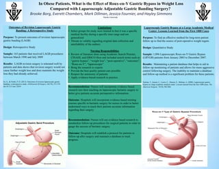 In Obese Patients, What is the Effect of Roux-en-Y Gastric Bypass in Weight Loss
Compared with Laparoscopic Adjustable Gastric Banding Surgery?
Brooke Borg, Everett Chambers, Mark Dillman, Jessica Fournier, and Hayley Simmons
Viterbo University
Outcomes of Revision Laparoscopic Gastric
Banding: A Retrospective Study
Purpose: To present outcomes of revision laparoscopic
gastric banding (LAGB)
Design: Retrospective Study
Sample: 163 patients that received LAGB procedures
between March 1998 and July 2009
Results: LAGB revision surgery is tolerated well by
patients and data shows that revision surgery would not
cause further weight loss and does maintain the weight
loss they had already achieved.
Ee, E., & Nottle, P. D. (2013). Outcomes of revision laparoscopic gastric
banding: a retrospective study. ANZJournal Of Surgery, 83(7/8), 571-574.
doi:10.1111/ans.12019
Limitations
• Select groups for study were limited in that it was a specific
medical facility during a specific time range and not
generalized
• Threats to validity regarding original data collection and
unreliability of the authors
Nursing Responsibilities
• Review of literature done using Academic Search Premier,
CINAHL and EBSCO Host and included search terms such as:
“gastric bypass”, “weight loss”, “post-operative”, “outcomes”,
“Roux-en-Y”, “laparoscopic”
• Bring the research to experts
• Provide the best quality patient care possible
• Respect the autonomy of patients
• Apply evidence-based research to practice
Recommendation: Nurses will incorporate evidence based
research into their teaching on laparoscopic bariatric surgery to
better give patients accurate perioperative information.
Outcome: Hospitals will incorporate evidence based training
courses specific to bariatric surgery for nurses in order to better
understand ways to teach their patients accurate information
regarding their surgery.
Recommendation: Nurses will use evidence based research to
standardize follow-up procedures for surgical patients in order to
gauge the success of bariatric surgery.
Outcome: Hospitals will establish a protocol for patients to
follow-up after surgery and maintain a database to track
progress.
Laparoscopic Gastric Bypass at a Large Academic Medical
Center: Lessons Learned from the First 1000 Cases
Purpose: To find an effective method for long-term patient
follow up to find the source of post-operative weight regain.
Design: Quantitative Study
Sample: 1,096 Laparoscopic Roux-en-Y Gastric Bypass
(LRYGB) patients from January 2003 to December 2007.
Results: Maintaining a patient database that helps to aid in
follow-up monitoring of patients and allows for more aggressive
control following surgery. The inability to maintain a database
and follow-up method is a significant problem for these patients.
Tejirian, T., Jensen, C., Lewis, C., Dutson, E., Mehran, A. (2008). Laparoscopic gastric
bypass at a large academic medical center: Lessons learned from the first 1000 cases. The
American Surgeon, 74(10), 962-966.
 