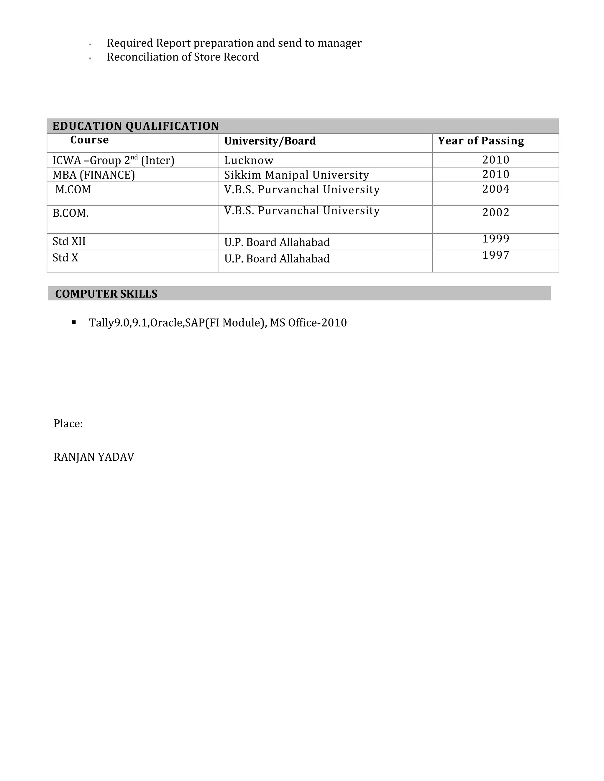  Required Report preparation and send to manager
 Reconciliation of Store Record
EDUCATION QUALIFICATION
Course University/Board Year of Passing
ICWA –Group 2nd
(Inter) Lucknow 2010
MBA (FINANCE) Sikkim Manipal University 2010
M.COM V.B.S. Purvanchal University 2004
B.COM. V.B.S. Purvanchal University 2002
Std XII U.P. Board Allahabad 1999
Std X U.P. Board Allahabad 1997
COMPUTER SKILLS
 Tally9.0,9.1,Oracle,SAP(FI Module), MS Office-2010
Place:
RANJAN YADAV
 