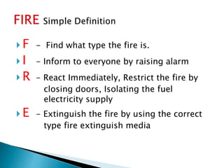  F - Find what type the fire is.
 I - Inform to everyone by raising alarm
 R - React Immediately, Restrict the fire by
closing doors, Isolating the fuel
electricity supply
 E - Extinguish the fire by using the correct
type fire extinguish media
 