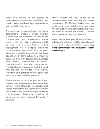 Academic Impressions | Diagnostic March 201514
They also believe in the power of
transparency. Stakeholders know what they
need to know and know how and where to
get the right information.
Transparency is not without risk. Using
collaborative practices, where multiple
stakeholders are involved, discussions are
not controlled, and information is shared
openly, can be risky; challenges might
be uncovered, such as a lack of student
engagement on a campus, employee
dissatisfaction, low morale, or expensive/
extensive and redundant efforts that have
been known by some but are now known by
everyone. However, collaborative practices
also reveal institutional excellence,
opportunities for leverage, campus pride,
and stakeholder aspirations. Both the good
and the bad are needed for intelligent,
informed, and comprehensive approaches
to campus issues and opportunities.
These leaders prize other people’s ideas,
perspectives, and passions. They want their
campus stakeholders to be valuable and
valued members of the community and feel
like a part of the whole. With participatory
and inclusive collaborative practices, all
those can be heard and can inform others’
thinking.
These leaders are not afraid of or
uncomfortable with working with large
groups (e.g., 50 – 100 people) because they
understand that collaborative practices
have enough intelligent structure and rigor,
yet are open and flexible enough to almost
always produce meaningful results.
They believe that people will commit to
actions and solutions that they have helped
inform and craft, and for this reason, they
want commitment—not compliance—from
stakeholders.
 