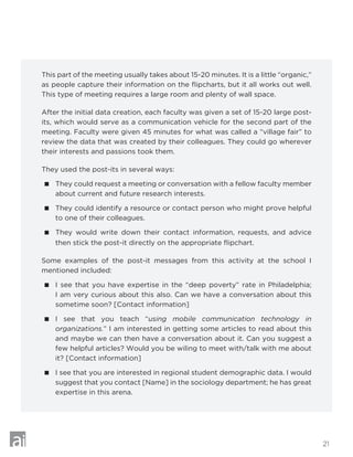 21
This part of the meeting usually takes about 15-20 minutes. It is a little “organic,”
as people capture their information on the flipcharts, but it all works out well.
This type of meeting requires a large room and plenty of wall space.
After the initial data creation, each faculty was given a set of 15-20 large post-
its, which would serve as a communication vehicle for the second part of the
meeting. Faculty were given 45 minutes for what was called a “village fair” to
review the data that was created by their colleagues. They could go wherever
their interests and passions took them.
They used the post-its in several ways:
 They could request a meeting or conversation with a fellow faculty member
about current and future research interests.
 They could identify a resource or contact person who might prove helpful
to one of their colleagues.
 They would write down their contact information, requests, and advice
then stick the post-it directly on the appropriate flipchart.
Some examples of the post-it messages from this activity at the school I
mentioned included:
 I see that you have expertise in the “deep poverty” rate in Philadelphia;
I am very curious about this also. Can we have a conversation about this
sometime soon? [Contact information]
 I see that you teach “using mobile communication technology in
organizations.” I am interested in getting some articles to read about this
and maybe we can then have a conversation about it. Can you suggest a
few helpful articles? Would you be wiling to meet with/talk with me about
it? [Contact information]
 I see that you are interested in regional student demographic data. I would
suggest that you contact [Name] in the sociology department; he has great
expertise in this arena.
 