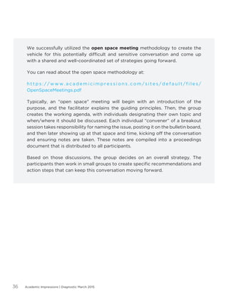 Academic Impressions | Diagnostic March 201536
We successfully utilized the open space meeting methodology to create the
vehicle for this potentially difficult and sensitive conversation and come up
with a shared and well-coordinated set of strategies going forward.
You can read about the open space methodology at:
h t t p s : / / w w w . a c a d e m i c i m p r e s s i o n s . c o m / s i t e s / d e f a u l t / f i l e s /
OpenSpaceMeetings.pdf
Typically, an “open space” meeting will begin with an introduction of the
purpose, and the facilitator explains the guiding principles. Then, the group
creates the working agenda, with individuals designating their own topic and
when/where it should be discussed. Each individual “convener” of a breakout
session takes responsibility for naming the issue, posting it on the bulletin board,
and then later showing up at that space and time, kicking off the conversation
and ensuring notes are taken. These notes are compiled into a proceedings
document that is distributed to all participants.
Based on those discussions, the group decides on an overall strategy. The
participants then work in small groups to create specific recommendations and
action steps that can keep this conversation moving forward.
 
