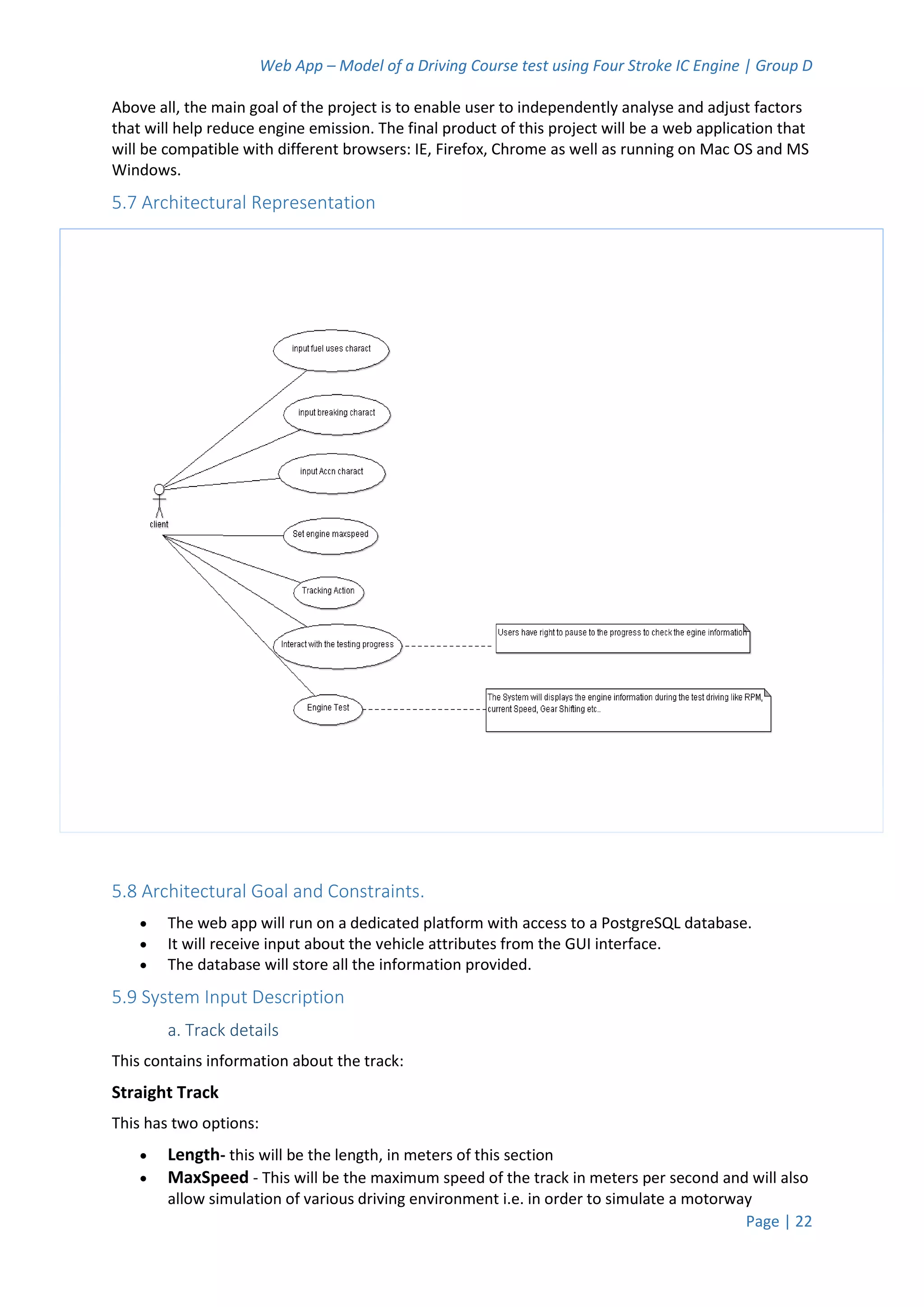 Web App – Model of a Driving Course test using Four Stroke IC Engine | Group D
Page | 22
Above all, the main goal of the project is to enable user to independently analyse and adjust factors
that will help reduce engine emission. The final product of this project will be a web application that
will be compatible with different browsers: IE, Firefox, Chrome as well as running on Mac OS and MS
Windows.
5.7 Architectural Representation
5.8 Architectural Goal and Constraints.
 The web app will run on a dedicated platform with access to a PostgreSQL database.
 It will receive input about the vehicle attributes from the GUI interface.
 The database will store all the information provided.
5.9 System Input Description
a. Track details
This contains information about the track:
Straight Track
This has two options:
 Length- this will be the length, in meters of this section
 MaxSpeed - This will be the maximum speed of the track in meters per second and will also
allow simulation of various driving environment i.e. in order to simulate a motorway
 