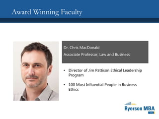 Award Winning Faculty
Dr. Chris MacDonald
Associate Professor, Law and Business
• Director of Jim Pattison Ethical Leadership
Program
• 100 Most Influential People in Business
Ethics
 