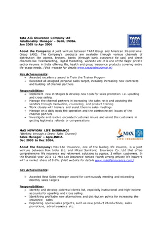 Tata AIG Insurance Company Ltd
Relationship Manager – Delhi, INDIA.
Jan 2005 to Apr 2006
About the Company: A joint venture between TATA Group and American International
Group (AIG). The Company's products are available through various channels of
distribution like agents, brokers, banks (through bank assurance tie ups) and direct
channels like Telemarketing, Digital Marketing, worksite etc. It is one of the major private
sector insurers in India offering life, health and group insurance products covering entire
life-stage needs. (Visit website for details www.tataaiginsurance.in)
Key Achievements:
 Awarded excellence award in Train the Trainer Program
 Exceeded all assigned personal sales target, including increasing new contracts
and building of channel partners
Responsibilities:
 Implement new strategies & develop new tools for sales promotion i.e. upselling
and cross selling
 Manage the channel partners in increasing the sales ratio and assisting the
vendors through motivation, counseling, and product training
 Work closely with brokers and assist them in sales meetings
 Manage on a daily basis the operation and the administration issues of the
channel partners
 Investigate and resolve escalated customer issues and assist the customers in
getting legitimate refunds or compensations
MAX NEWYORK LIFE INSURANCE
(Working through a Direct Sales Channel)
Sales Manager – Agra,INDIA.
Dec 2003 to Dec 2004.
About the Company: Max Life Insurance, one of the leading life insurers, is a joint
venture between Max India Ltd. and Mitsui Sumitomo Insurance Co. Ltd that offers
comprehensive life insurance and retirement solutions to approx. 3 million customers. In
the financial year 2011-12 Max Life Insurance ranked fourth among private life insurers
with a market share of 8.6%. (Visit website for details www.maxlifeinsurance.com)
Key Achievements:
 Awarded Best Sales Manager award for continuously meeting and exceeding
monthly sales targets
Responsibilities:
 Identify and develop potential clients list, especially institutional and high-income
accounts for upselling and cross selling
 Identifying profitable new alternatives and distribution points for increasing the
Insurance sales
 Organizing special sales projects, such as new product introductions, sales
promotions, advertisements etc.
 