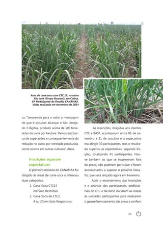 21
ca. “Levaremos para o setor a mensagem
de que é possível alcançar o tão deseja-
do 3 dígitos, produzir acima de 100 tone-
ladas de cana por hectare. Vamos em bus-
ca de superações e consequentemente da
redução no custo por tonelada produzida,
como ocorre em outras culturas”, disse.
Inscrições superam
expectativas
O primeiro módulo do CANAMAX foi
dirigido às áreas de cana-soca e ofereceu
duas categorias:
1.	 Cana-Soca CTC15
em Solo Restritivo
2.	 Cana-Soca de CTC2,
4 ou 20 em Solo Responsivo.
As inscrições, dirigidas aos clientes
CTC e BASF, aconteceram entre 01 de se-
tembro a 31 de outubro e a expectativa
era atingir 30 participantes, mas o resulta-
do superou as expectativas, segundo Vir-
gílio, totalizando 41 participantes. Hou-
ve também os que se inscreveram fora
do prazo, não puderam participar e foram
aconselhados a esperar o próximo Desa-
fio, que será lançado agora em Fevereiro.
Após o encerramento das inscrições
e o anúncio dos participantes, profissio-
nais do CTC e da BASF iniciaram as visitas
às unidades participantes para realizarem
o georreferenciamento das áreas e conferir
Área de cana-soca com CTC 15, na usina
São José (Grupo Guarani), em Colina,
SP. Participante do Desafio CANAMAX.
Visita realizada em novembro de 2014
CTC
 