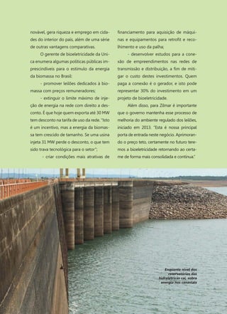 6363
novável, gera riqueza e emprego em cida-
des do interior do país, além de uma série
de outras vantagens comparativas.
O gerente de bioeletricidade da Uni-
ca enumera algumas políticas públicas im-
prescindíveis para o estímulo da energia
da biomassa no Brasil:
- promover leilões dedicados à bio-
massa com preços remuneradores;
- extinguir o limite máximo de inje-
ção de energia na rede com direito a des-
conto. É que hoje quem exporta até 30 MW
tem desconto na tarifa de uso da rede. “Isto
é um incentivo, mas a energia da biomas-
sa tem crescido de tamanho. Se uma usina
injeta 31 MW perde o desconto, o que tem
sido trava tecnológica para o setor”;
- criar condições mais atrativas de
financiamento para aquisição de máqui-
nas e equipamentos para retrofit e reco-
lhimento e uso da palha;
- desenvolver estudos para a cone-
xão de empreendimentos nas redes de
transmissão e distribuição, a fim de miti-
gar o custo destes investimentos. Quem
paga a conexão é o gerador, e isto pode
representar 30% do investimento em um
projeto de bioeletricidade.
Além disso, para Zilmar é importante
que o governo mantenha esse processo de
melhoria do ambiente regulado dos leilões,
iniciado em 2013. “Esta é nossa principal
porta de entrada neste negócio. Aprimoran-
do o preço teto, certamente no futuro tere-
mos a bioeletricidade retornando ao certa-
me de forma mais consolidada e contínua.”
Enquanto nível dos
reservatórios das
hidrelétricas cai, sobra
energia nos canaviais
 