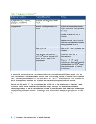 2 Improving the management of type 2 diabetes
	
  
	
  
A substantial number of people, currently almost 80 million Americans aged 20 years or over, may not
fulfill the diagnostic criteria for diabetes but may have “pre-diabetes,” defined by impaired fasting glucose
(IFG), impaired glucose tolerance (IGT), or an HbA1c of 5.7-6.4%.
1,5
This condition is a risk factor for the
future development of diabetes, and increases the risk of developing cardiovascular disease.
5
People with IFG and/or IGT (i.e., pre-diabetes) are at high risk for the development of diabetes. These
conditions should not be viewed as clinical entities in their own right, but rather as risk factors for
developing diabetes as well as cardiovascular disease.
6
Current evidence does not support screening all
asymptomatic patients for diabetes. Screening is most appropriate in the specific groups noted in Table
2.
Table 1: Diagnosis of diabetes
5, 6
Patient presentation Test and threshold Notes
Symptomatic: e.g., polyuria,
polydipsia, weight loss
Random plasma glucose ≥200
mg/dL
Asymptomatic Fasting plasma glucose ≥126
mg/dL
Fasting is defined as no caloric
intake for at least 8 hours before
the test
Repeat on a second day to
confirm
7
Fasting glucose 100-125 mg/dL
indicates pre-diabetes (impaired
fasting glucose, or IFG)
8
HbA1c ≥6.5% HbA1c of 5.7-6.4% indicates pre-
diabetes
Oral glucose tolerance test
(OGTT);
9
plasma glucose ≥200
mg/dL 2 hours after 75 gm
glucose load
Used less often due to
inconvenience
Glucose 140-199 mg/dL
indicates pre-diabetes (impaired
glucose tolerance, IGT);
9
repeat
test recommended for clinical
confirmation
 