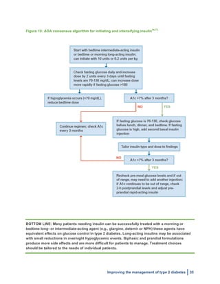  
Improving the management of type 2 diabetes 35
Figure 10: ADA consensus algorithm for initiating and intensifying insulin
38,72
BOTTOM LINE: Many patients needing insulin can be successfully treated with a morning or
bedtime long- or intermediate-acting agent (e.g., glargine, detemir or NPH) these agents have
equivalent effects on glucose control in type 2 diabetes. Long-acting insulins may be associated
with small reductions in overnight hypoglycemic events. Biphasic and prandial formulations
produce more side effects and are more difficult for patients to manage. Treatment choices
should be tailored to the needs of individual patients.
 