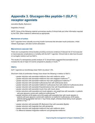  
Improving the management of type 2 diabetes 53
Appendix 3. Glucagon-like peptide-1 (GLP-1)
receptor agonists
exenatide (Byetta, Bydureon)
liraglutide (Victoza)
NOTE: Some of the following material summarizes results of clinical trials and other information reported
by the FDA. Other material is referenced as appropriate.
Mechanism of action
GLP-1 agonists mimic naturally occurring incretin hormones that stimulate insulin production, inhibit
release of glucagon, and slow nutrient absorption.
Macro/micro-vascular risk
There are no prospective clinical studies providing conclusive evidence of reduced risk of microvascular
or macrovascular complications or mortality with the GLP-1 agonists. Clinical trials to date have focused
on surrogate markers such as HbA1c.
The results of a retrospective pooled analysis of 12 clinical trials suggested that exenatide did not
increase the risk of major CV events compared to placebo or insulin.
144
HbA1c
GLP-1 agonists as monotherapy lower HbA1c by about 1.0%.
Short-term trials of combination therapy have shown the following in relation to HbA1c:
• greater reduction with exenatide+metformin than with metformin alone
• greater reduction with exenatide+metformin than with sitagliptin+metformin
145
• greater reduction with exenatide+metformin than with pioglitazone+metformin
145
• greater reduction with exenatide+sulfonylurea than with sulfonylurea alone
• greater reduction with exenatide+metformin+sulfonylurea than with metformin+sulfonylurea alone
• greater reduction with exenatide+thiazolidinedione than with thiazolidinedione alone
• greater reduction with exenatide+insulin than with insulin alone
• similar reductions with exenatide and insulin glargine, and weight loss with exenatide, in patients
with poor glycemic control with metformin+sulfonylurea.
146
• greater reduction at 26 weeks and at 84 weeks with exenatide than with insulin glargine in
patients with poor glycemic control with metformin or metformin+sulfonylurea; at 84 weeks,
patients taking exenatide had lost 2.1 kg of body weight, whereas those taking insulin glargine
gained 2.4 kg
147,148
• greater reduction with exenatide XR (Bydureon) than with exenatide (Byetta)
• greater reduction with liraglutide than with glimepiride
• greater reduction with liraglutide+metformin than with metformin alone
• no difference between liraglutide+metformin and glimepiride+metformin
 