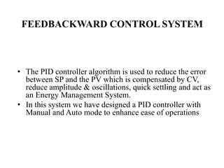 • The PID controller algorithm is used to reduce the error
between SP and the PV which is compensated by CV,
reduce amplitude & oscillations, quick settling and act as
an Energy Management System.
• In this system we have designed a PID controller with
Manual and Auto mode to enhance ease of operations
FEEDBACKWARD CONTROL SYSTEM
 