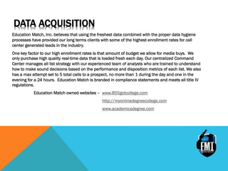 DATA ACQUISITION
Education Match, Inc. believes that using the freshest data combined with the proper data hygiene
processes have provided our long terms clients with some of the highest enrollment rates for call
center generated leads in the industry.
One key factor to our high enrollment rates is that amount of budget we allow for media buys. We
only purchase high quality real-time data that is loaded fresh each day. Our centralized Command
Center manages all list strategy with our experienced team of analysts who are trained to understand
how to make sound decisions based on the performance and disposition metrics of each list. We also
has a max attempt set to 5 total calls to a prospect, no more than 1 during the day and one in the
evening for a 24 hours. Education Match is branded in compliance statements and meets all title IV
regulations.
Education Match owned websites – www.855gotcollege.com
http://myonlinedegreecollege.com
www.academicsdegree.com
 